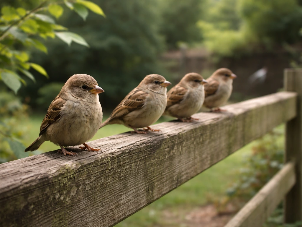Brown sparrow-like birds perched on a fence in a quiet garden with soft background hints of grey.