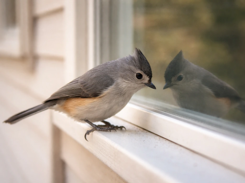 A small titmouse perched by a window, peering inside through the glass in natural light.
