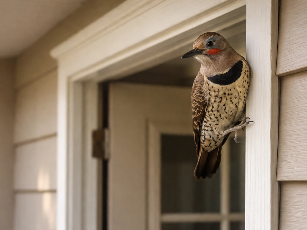 Northern Flicker perched near a doorway window, alert and eye-level, as if you just encountered it.