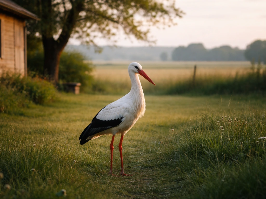 White stork standing in a grassy yard near a home with a tree and soft horizon in morning light