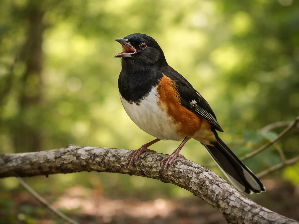 An Eastern towhee perched on an exposed branch, calling loudly in natural woodland light.