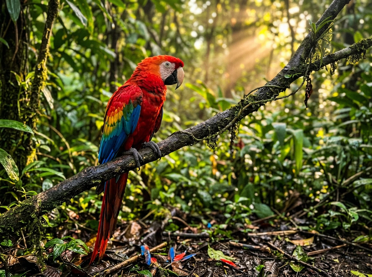 A colorful macaw perched in a sunlit rainforest with a few feathers on the ground.