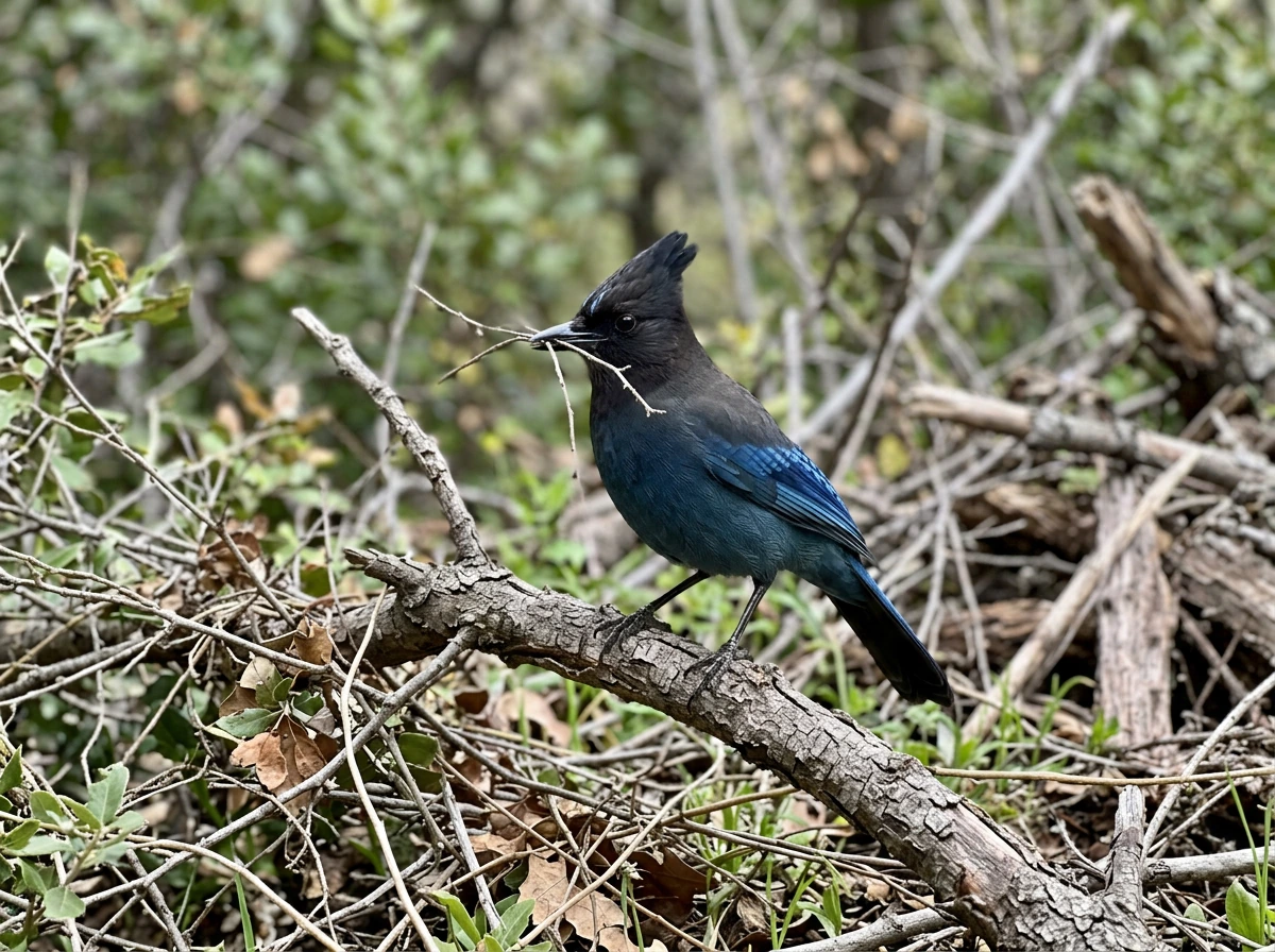 Steller’s jay busy gathering nesting materials near a home, showing protective community energy.