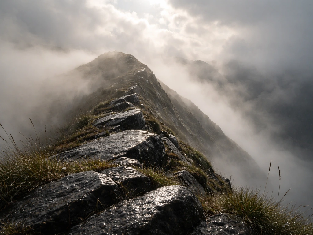 Storm-washed mountain ridge with mist and raindrops, sunlight breaking through clouds for renewal.
