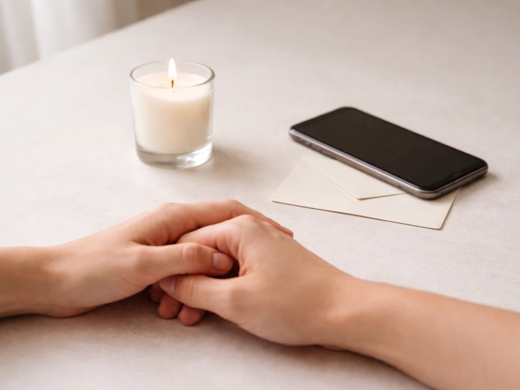 Three minimal love motifs: candle for devotion, clasped hands for reconciliation, and a phone for communication