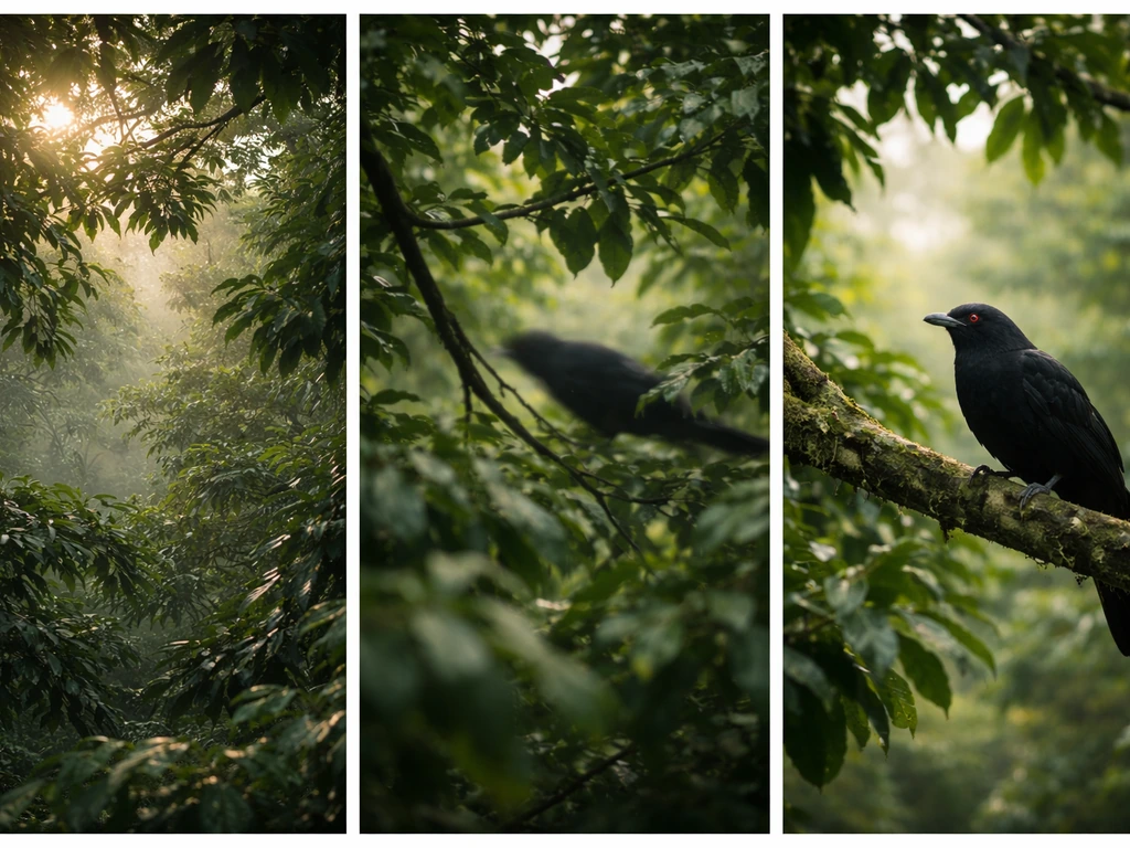 Triptych of a koel encounter: heard call in dense trees, fleeting glimpse, then a clear bird view.