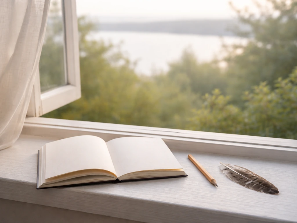Calm window view with an open blank journal and a single feather motif suggesting an osprey intention practice.