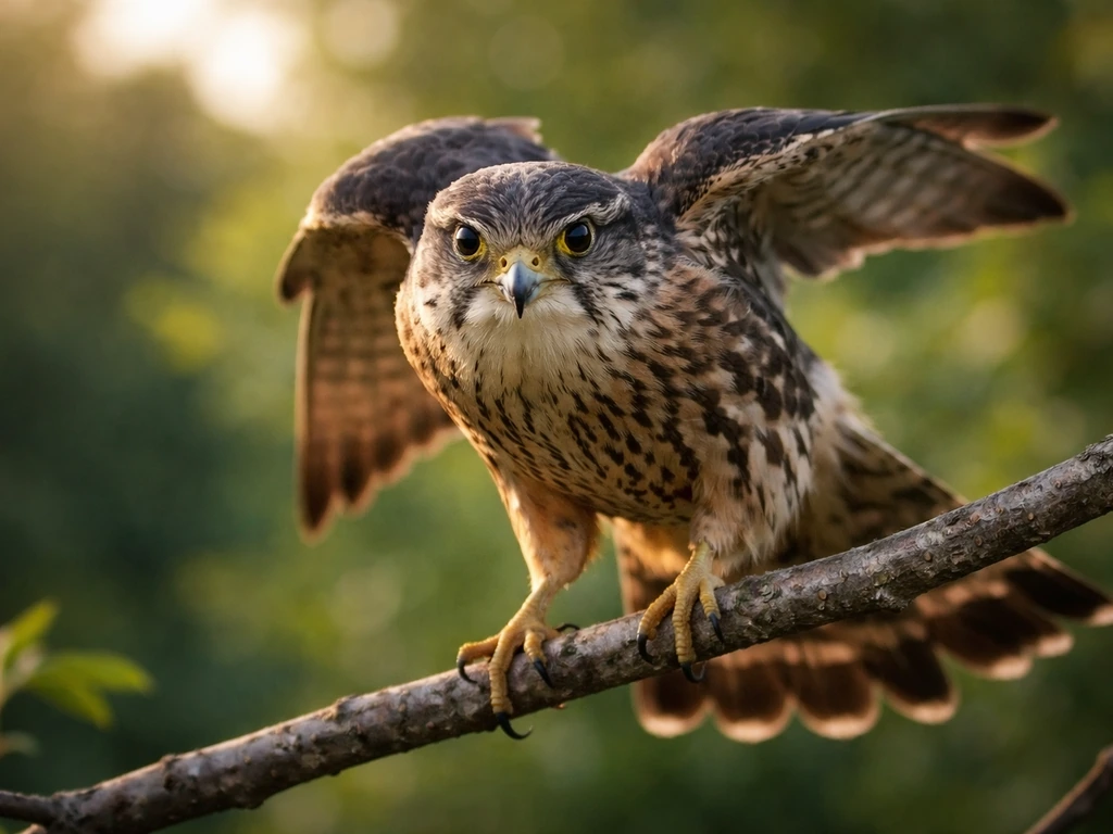 A vivid merlin bird perched on a branch, intense gaze and sharp focus in natural light.