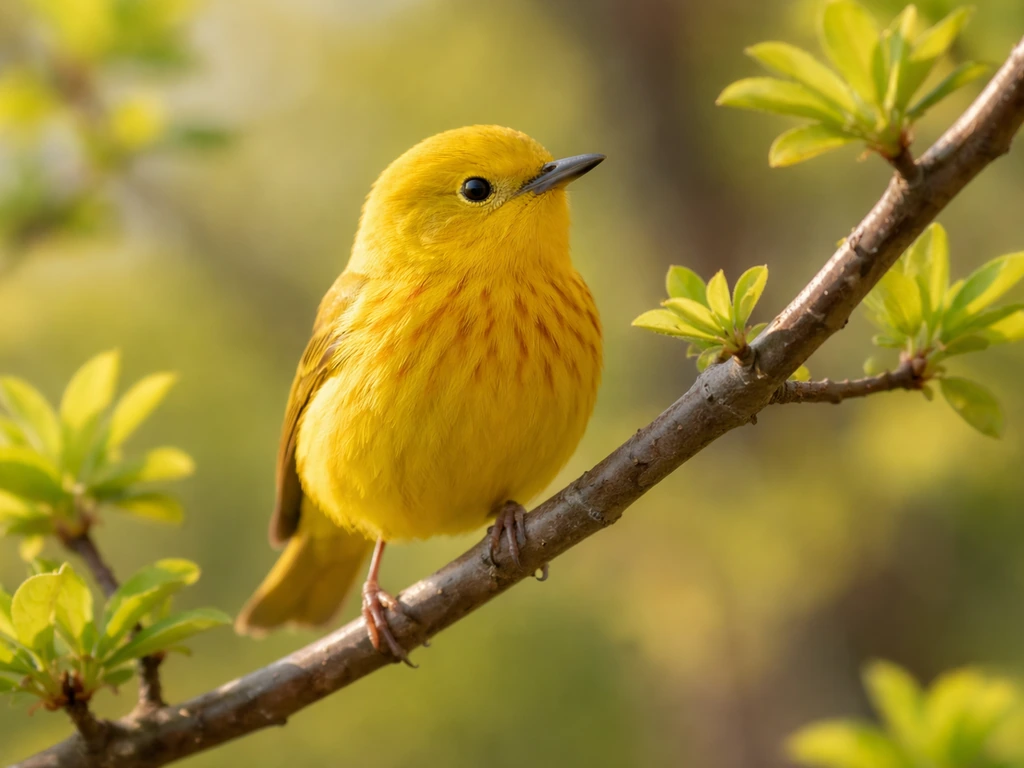 Yellow warbler perched on a small branch amid spring green leaves, softly glowing in natural light.